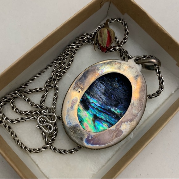 Druzy Agate turquoise blue mother of pearl gemstone pendant +chain 925 sterling - Picture 4 of 10